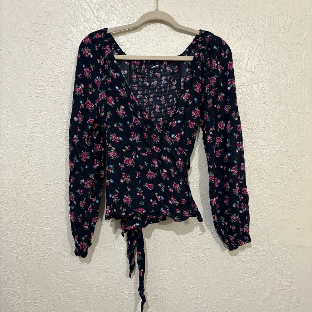 Old Navy Floral Wrap Blouse - Blue and Pink